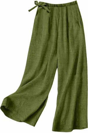 Women's Linen Blend Wide Leg Pants Tie Elastic Waist Casual Palazzo Trousers with Pockets Casual Beach Long Slacks