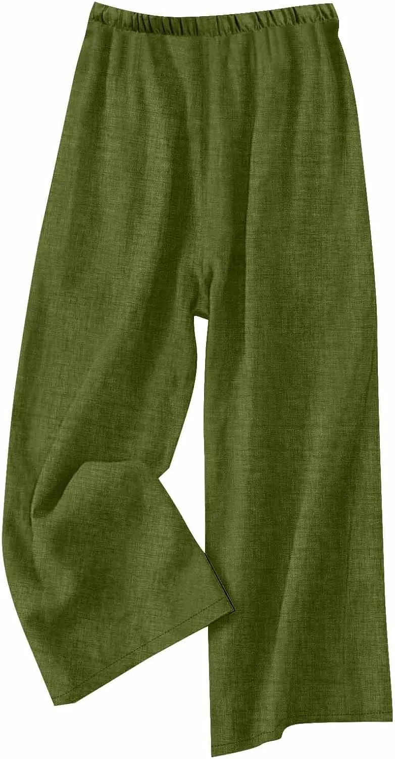 Women's Linen Blend Wide Leg Pants Tie Elastic Waist Casual Palazzo Trousers with Pockets Casual Beach Long Slacks