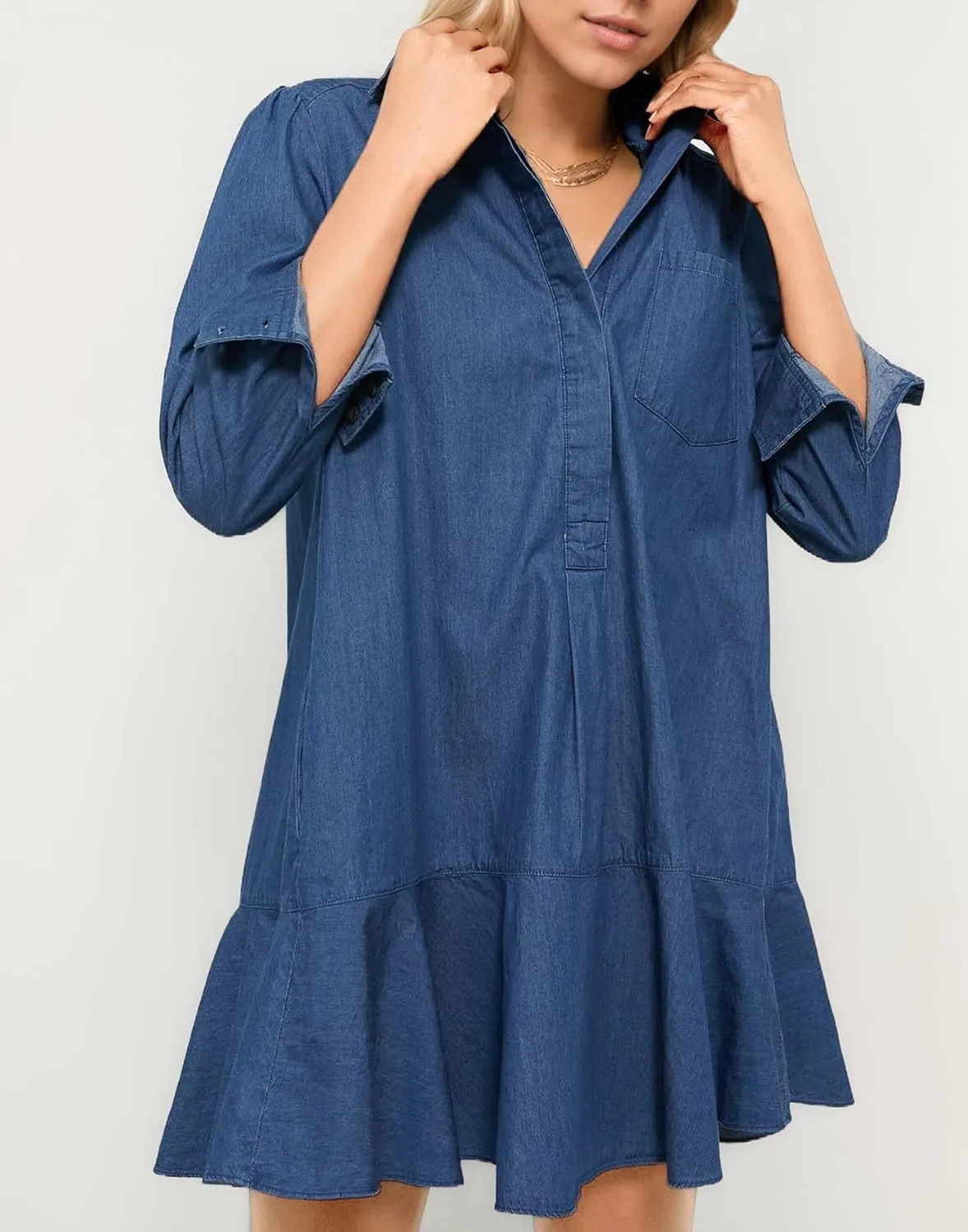 Women's Long Sleeve Denim Shirt Dress 2025 Button Down Ruffle Flowy Collared Mini Jeans Dress