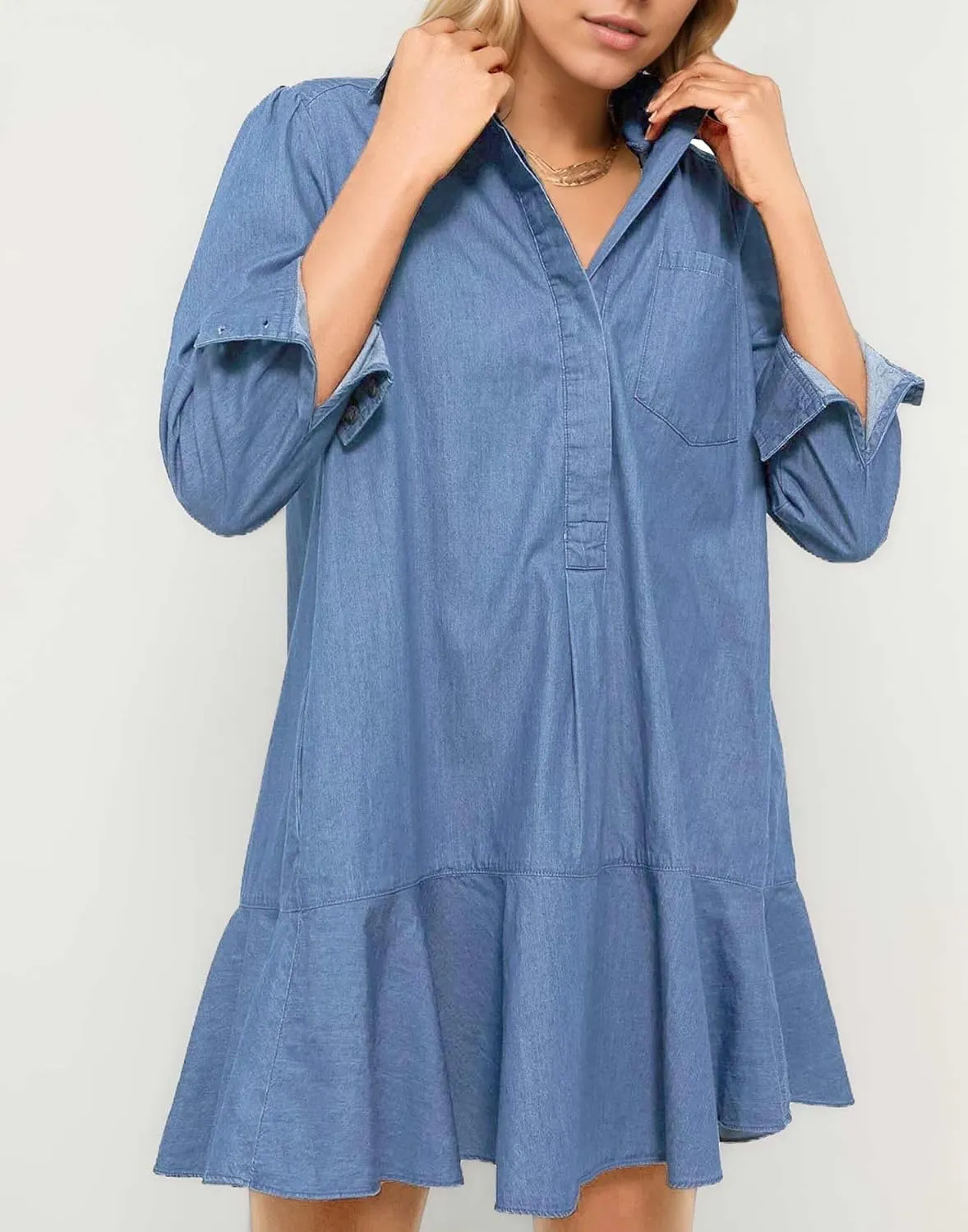 Women's Long Sleeve Denim Shirt Dress 2025 Button Down Ruffle Flowy Collared Mini Jeans Dress