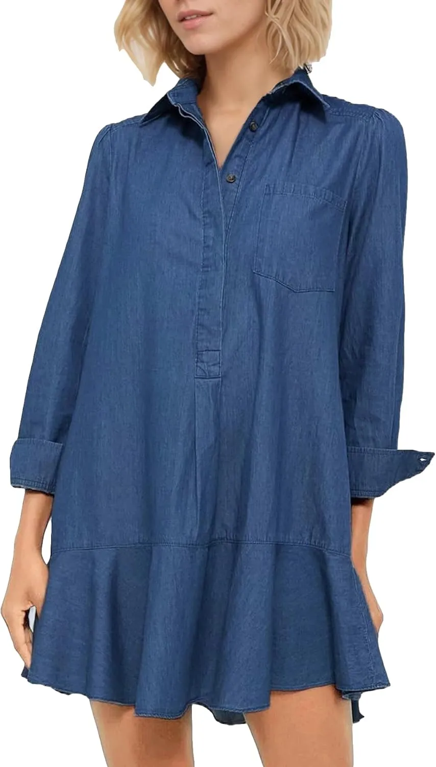 Women's Long Sleeve Denim Shirt Dress 2025 Button Down Ruffle Flowy Collared Mini Jeans Dress