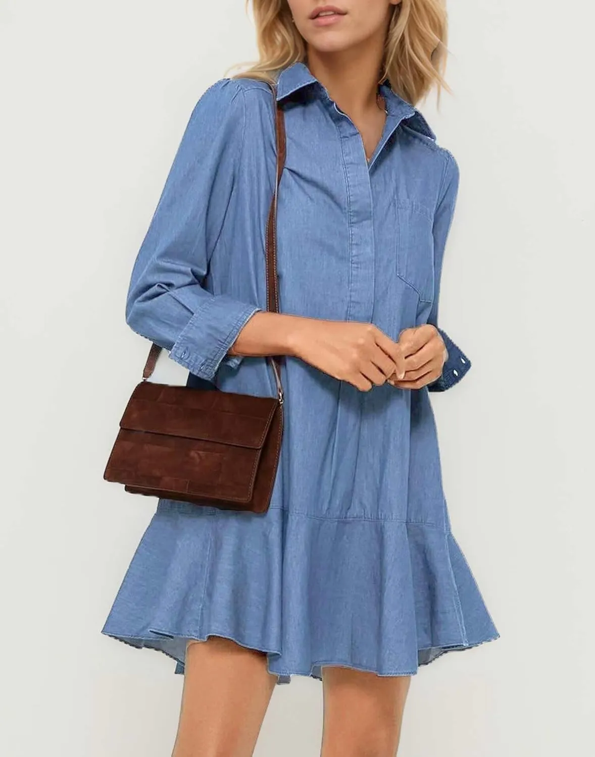 Women's Long Sleeve Denim Shirt Dress 2025 Button Down Ruffle Flowy Collared Mini Jeans Dress