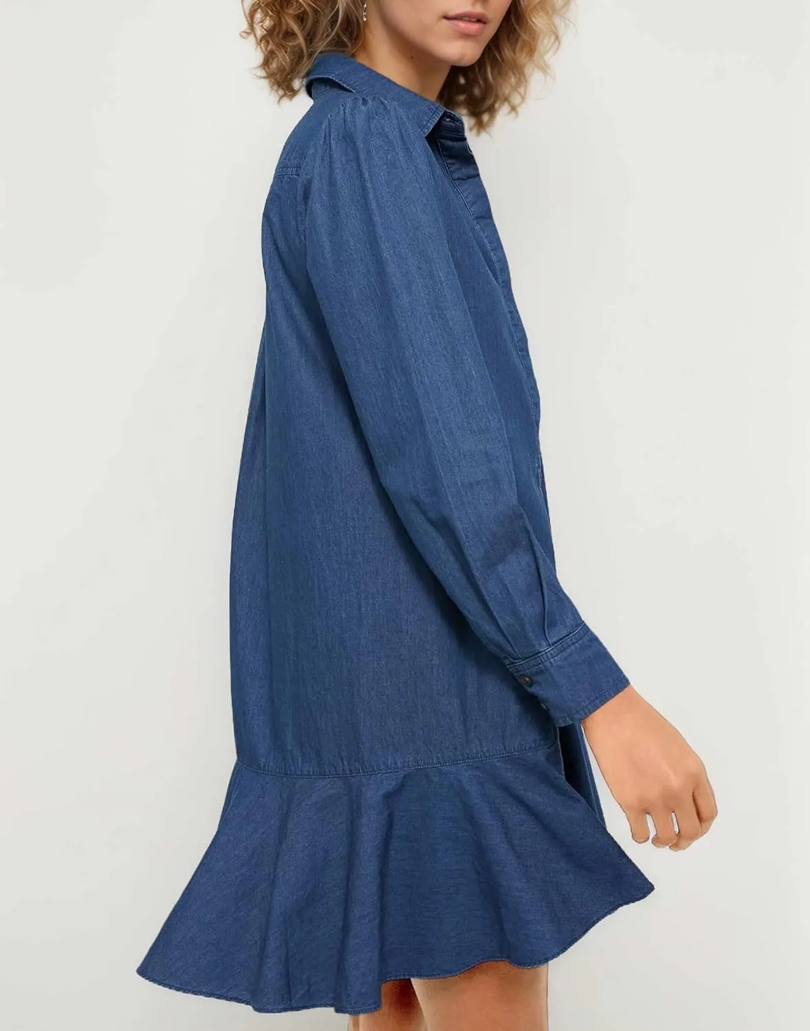 Women's Long Sleeve Denim Shirt Dress 2025 Button Down Ruffle Flowy Collared Mini Jeans Dress