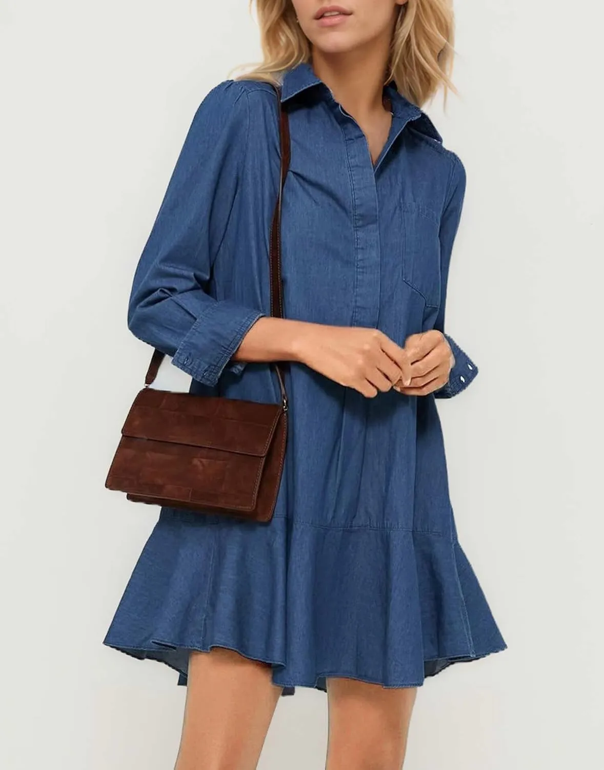 Women's Long Sleeve Denim Shirt Dress 2025 Button Down Ruffle Flowy Collared Mini Jeans Dress