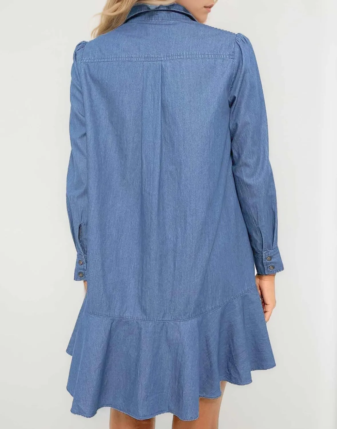 Women's Long Sleeve Denim Shirt Dress 2025 Button Down Ruffle Flowy Collared Mini Jeans Dress