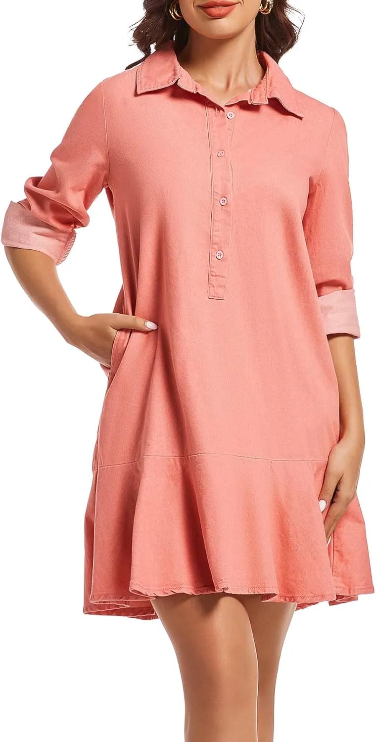Women's Long Sleeve Denim Shirt Dress 2025 Button Down Ruffle Flowy Collared Mini Jeans Dress