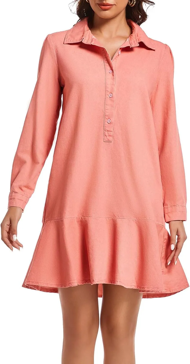Women's Long Sleeve Denim Shirt Dress 2025 Button Down Ruffle Flowy Collared Mini Jeans Dress