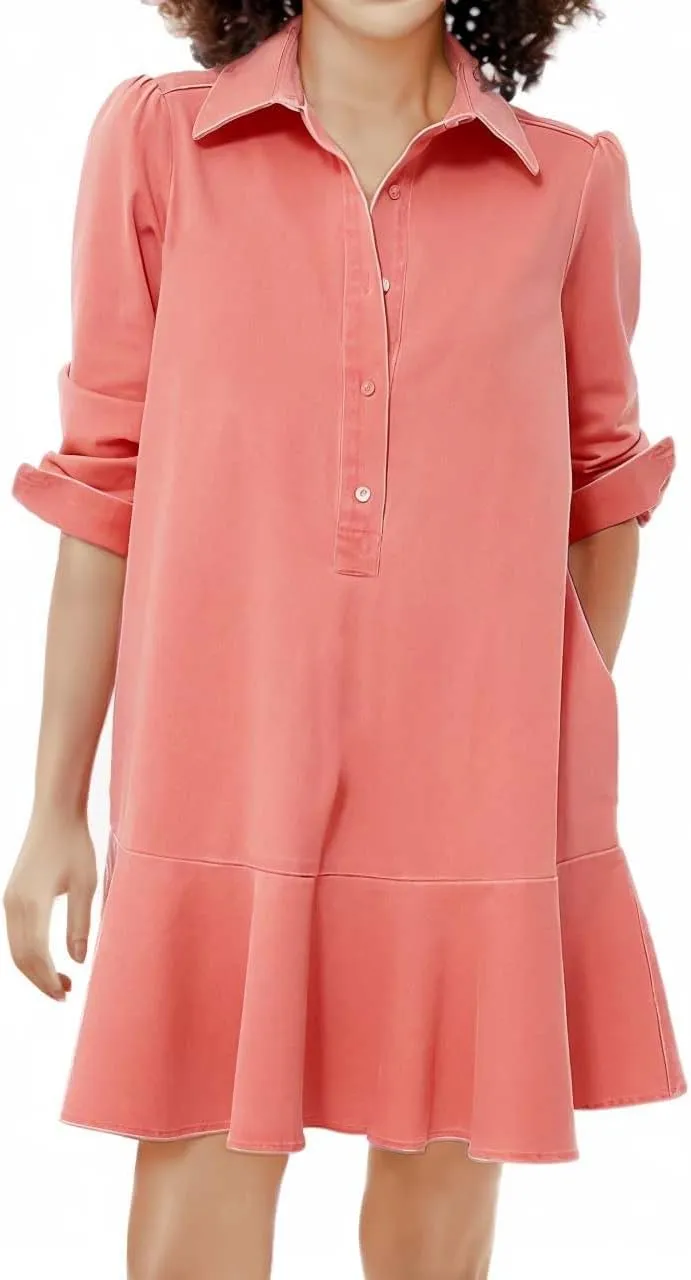 Women's Long Sleeve Denim Shirt Dress 2025 Button Down Ruffle Flowy Collared Mini Jeans Dress