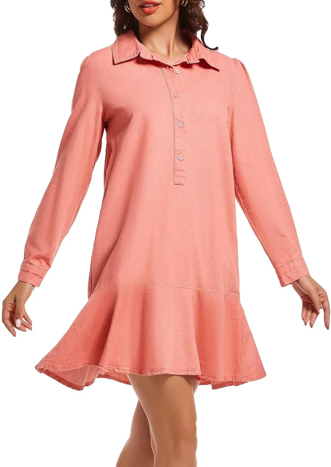 Women's Long Sleeve Denim Shirt Dress 2025 Button Down Ruffle Flowy Collared Mini Jeans Dress