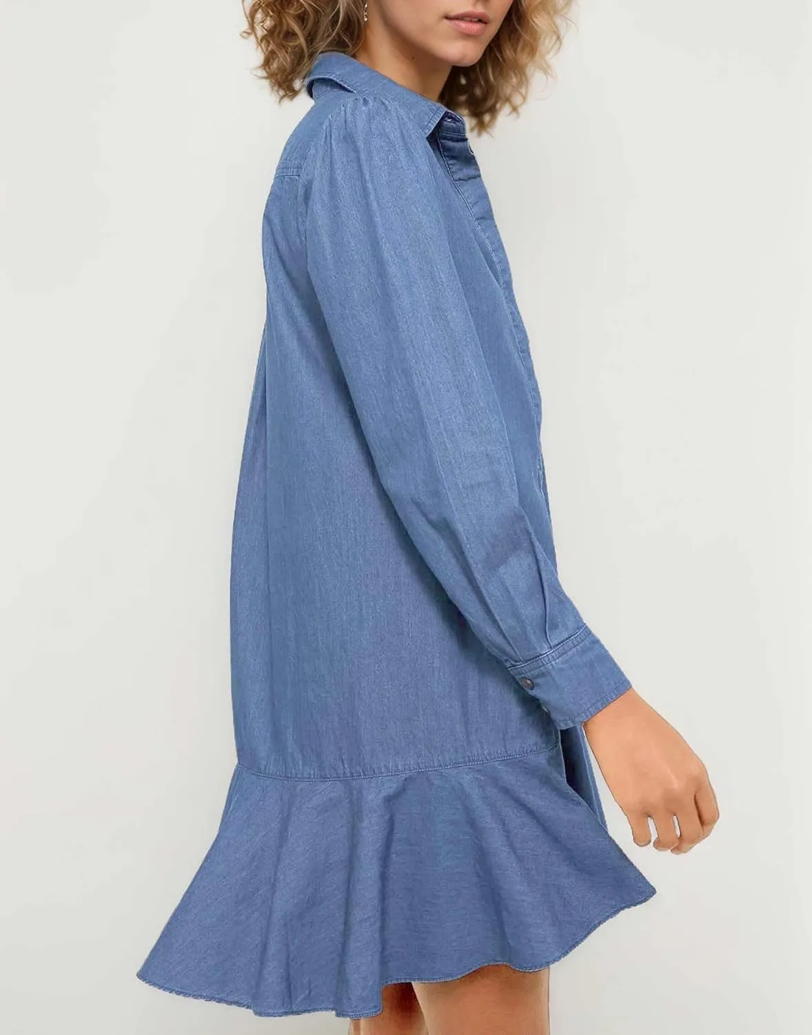 Women's Long Sleeve Denim Shirt Dress 2025 Button Down Ruffle Flowy Collared Mini Jeans Dress