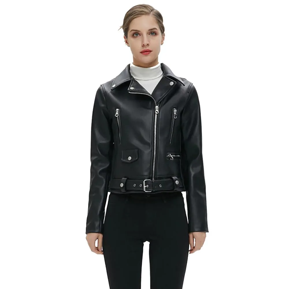 Women's Relaxed-fit Cropped Style Belted Vegan Leather Jackets