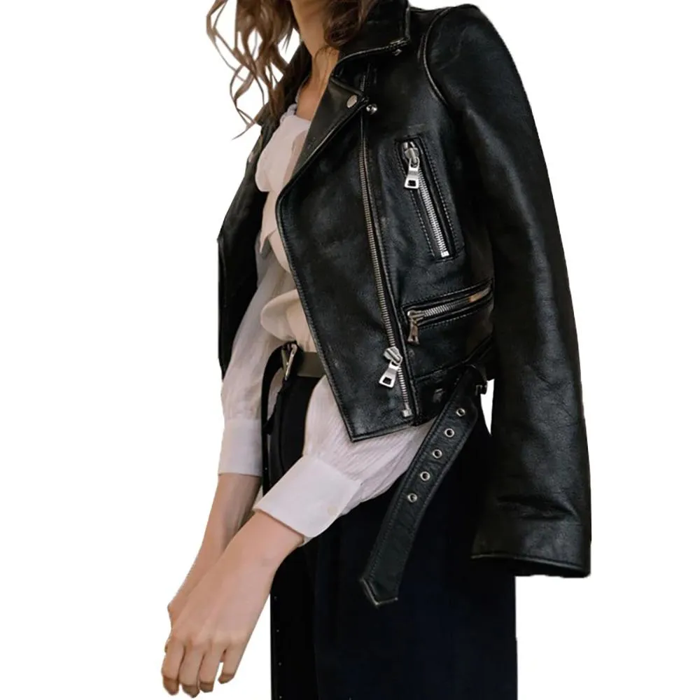 Women's Relaxed-fit Cropped Style Belted Vegan Leather Jackets