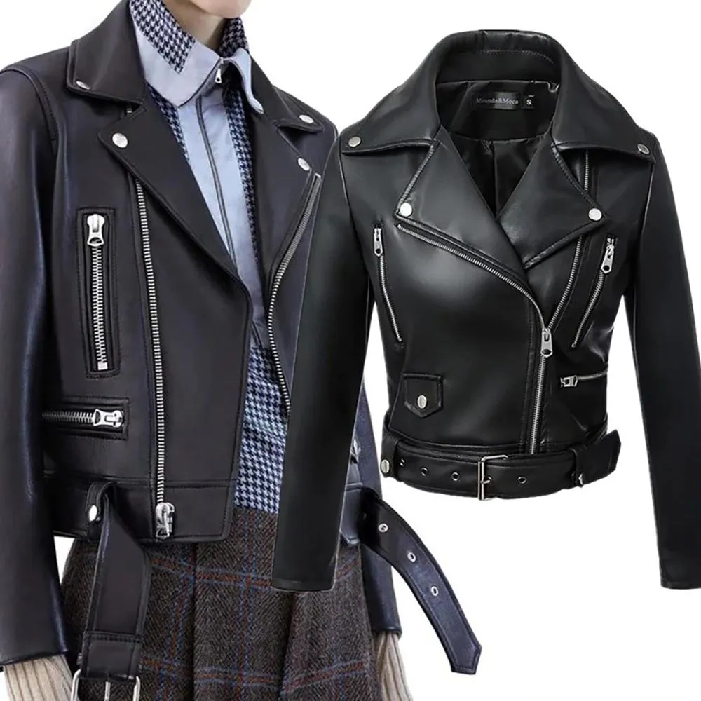 Women's Relaxed-fit Cropped Style Belted Vegan Leather Jackets