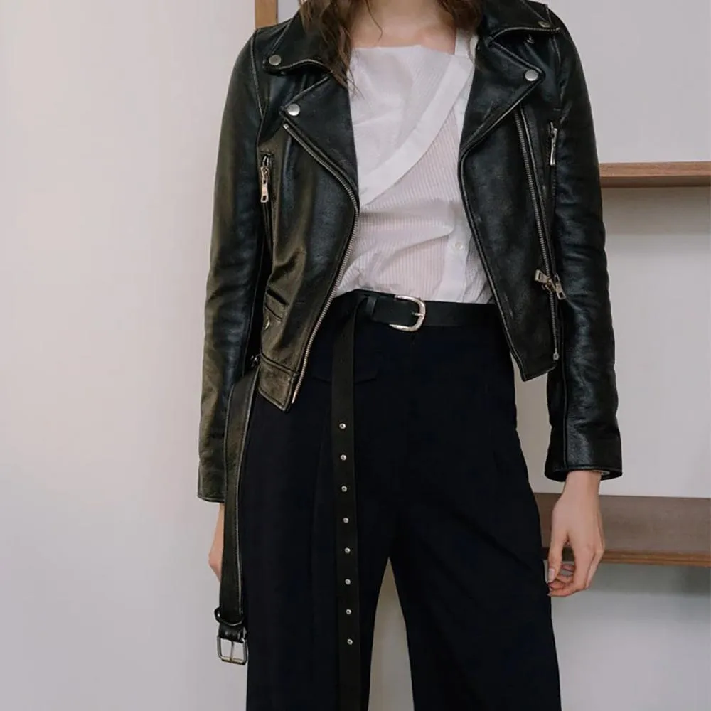Women's Relaxed-fit Cropped Style Belted Vegan Leather Jackets
