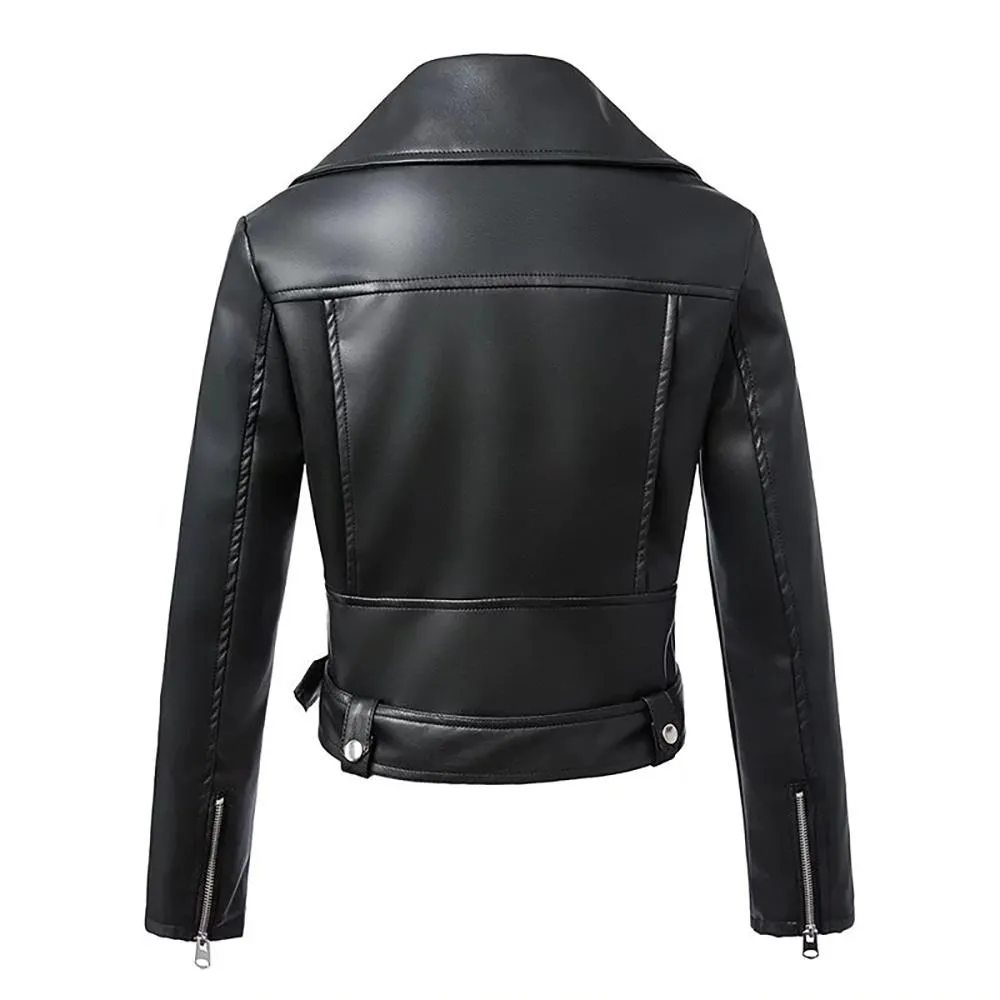 Women's Relaxed-fit Cropped Style Belted Vegan Leather Jackets