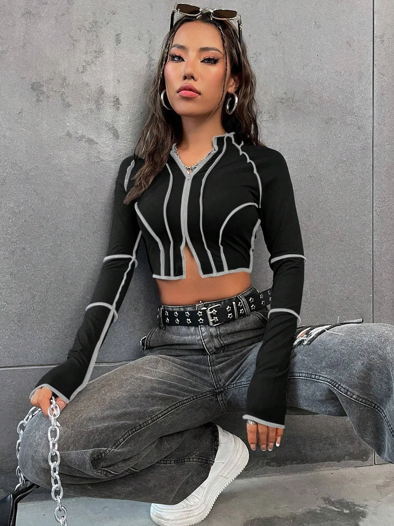 Women's Sexy Top-Stitching Raglan Sleeve Zipper Crop Tee