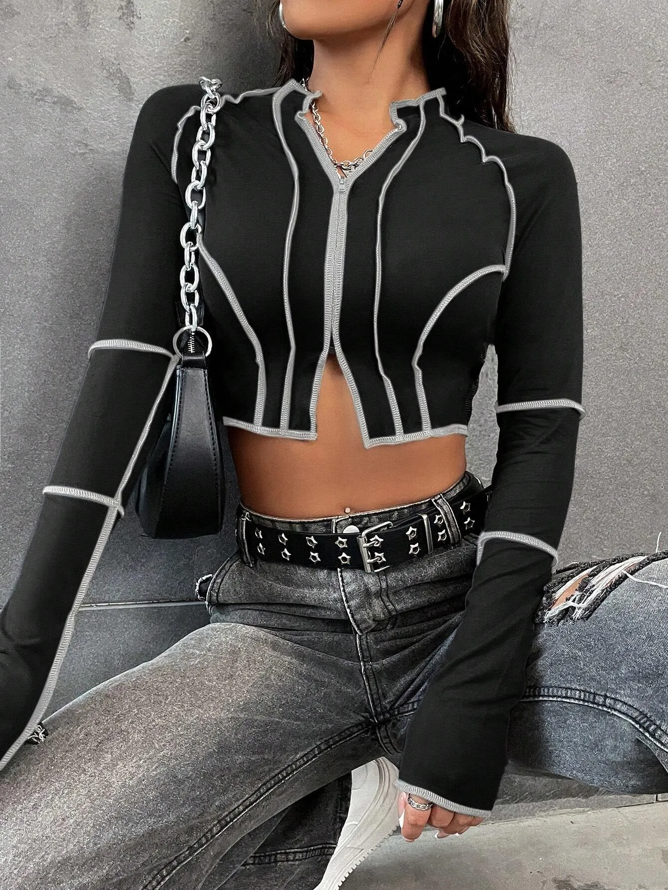 Women's Sexy Top-Stitching Raglan Sleeve Zipper Crop Tee