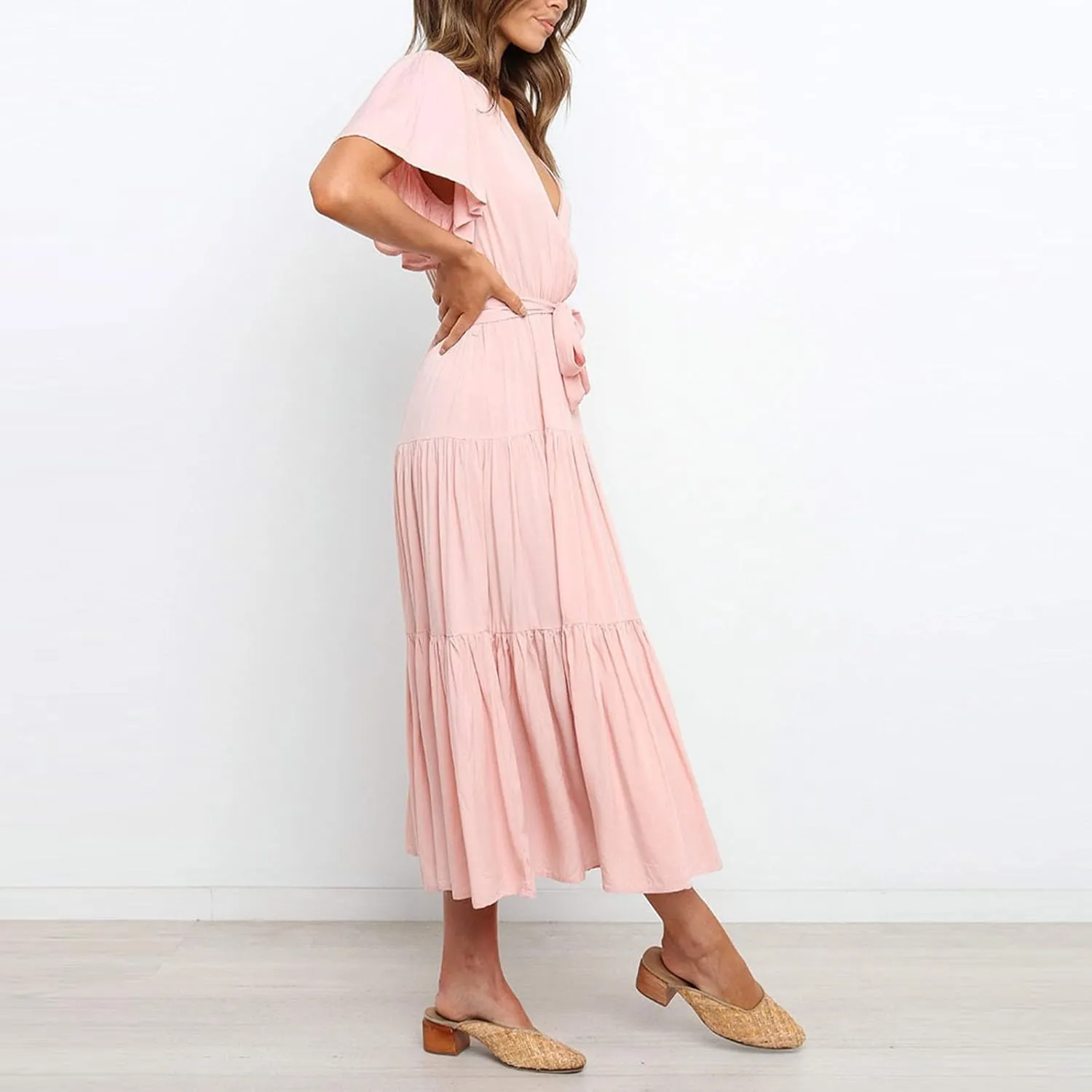 Women's Spring Dresses Summer 2025 Casual Loose Trendy Short Sleeve V-Neck Solid Color Flowy Maxi Dress, S-XL