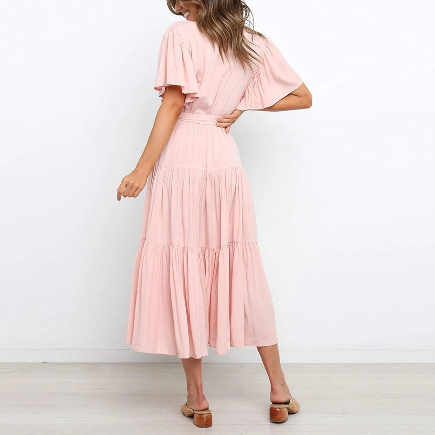Women's Spring Dresses Summer 2025 Casual Loose Trendy Short Sleeve V-Neck Solid Color Flowy Maxi Dress, S-XL