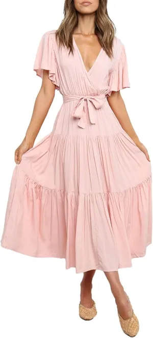 Women's Spring Dresses Summer 2025 Casual Loose Trendy Short Sleeve V-Neck Solid Color Flowy Maxi Dress, S-XL