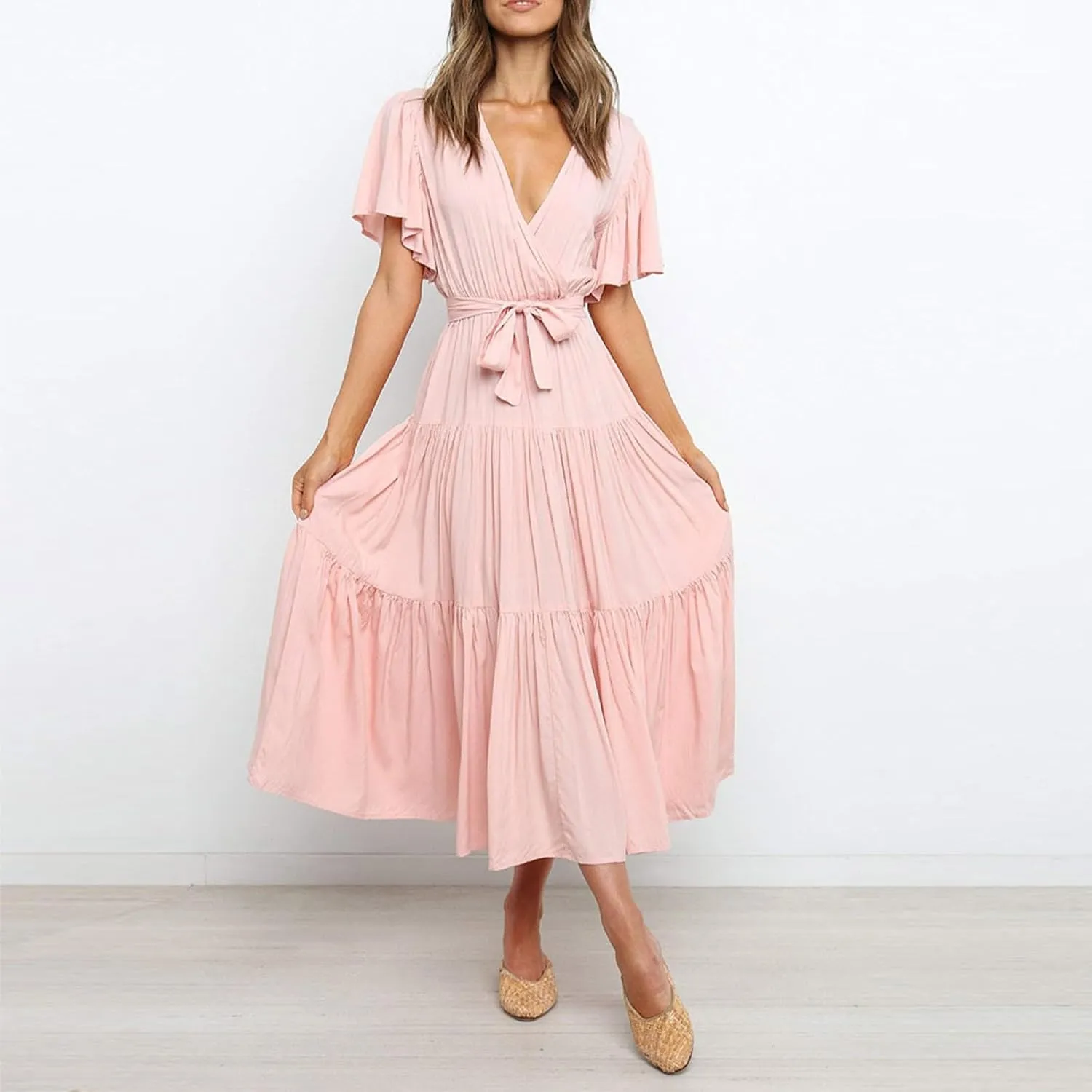 Women's Spring Dresses Summer 2025 Casual Loose Trendy Short Sleeve V-Neck Solid Color Flowy Maxi Dress, S-XL