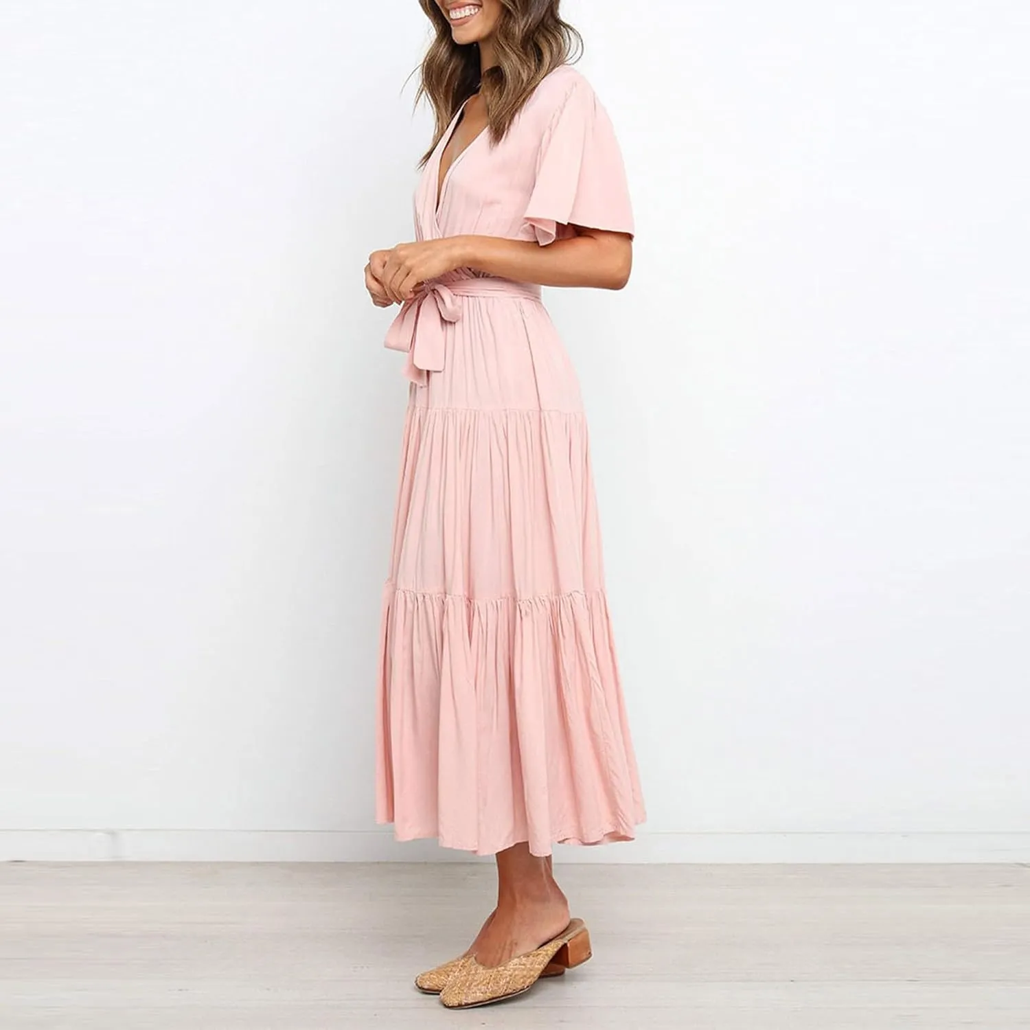 Women's Spring Dresses Summer 2025 Casual Loose Trendy Short Sleeve V-Neck Solid Color Flowy Maxi Dress, S-XL