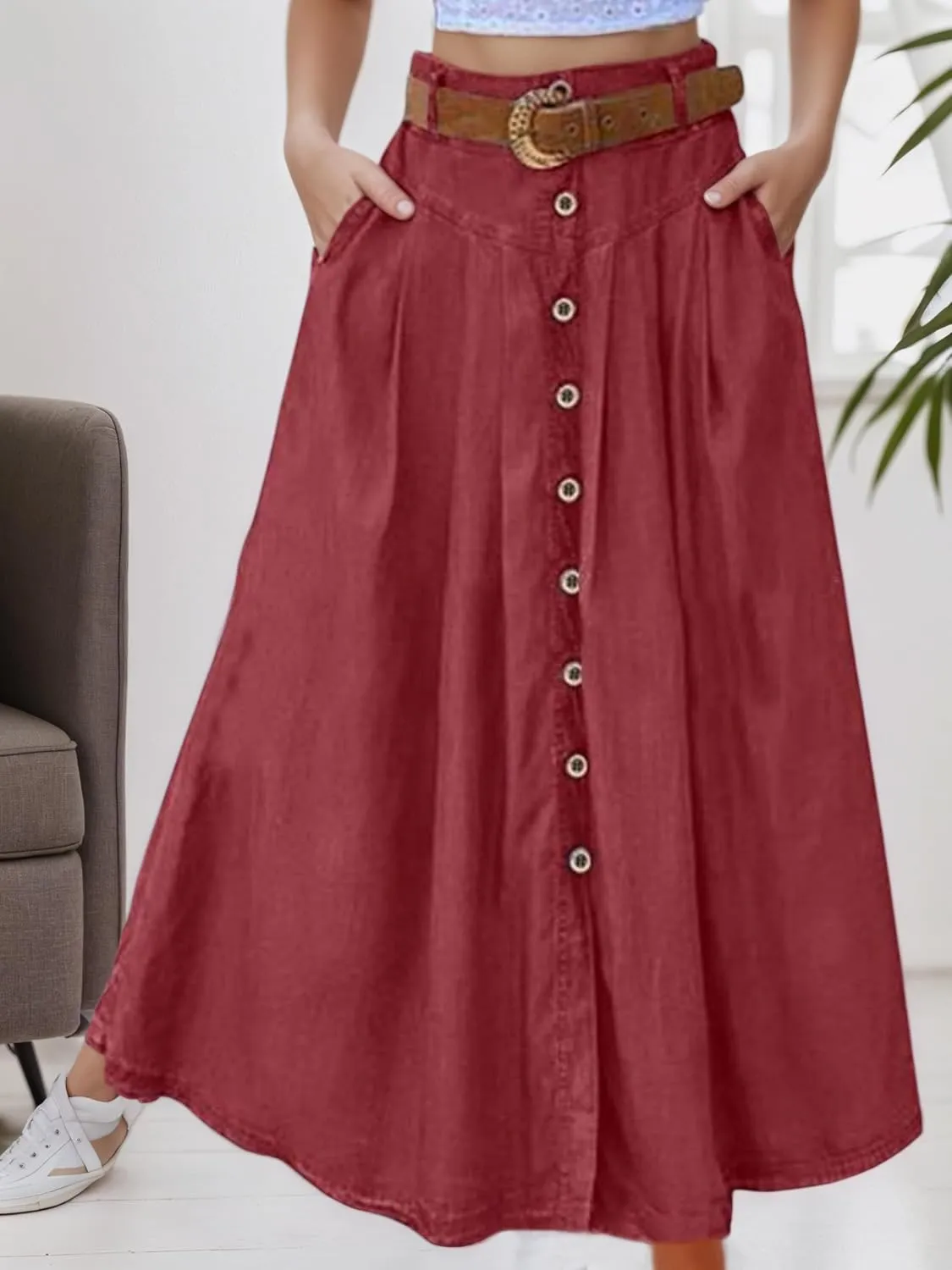 Womens Spring Summer Linen Smocked Front Button Down Swing Maxi Skirt Casual Fit Elastic Waist A-Line Skirt for Women