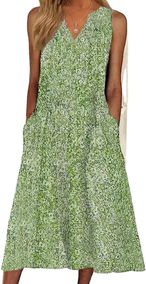 Womens Summer Sleeveless Boho Floral Printed Midi Tank Dresses V Neck Beach Tshirt Sundress with Pockets
