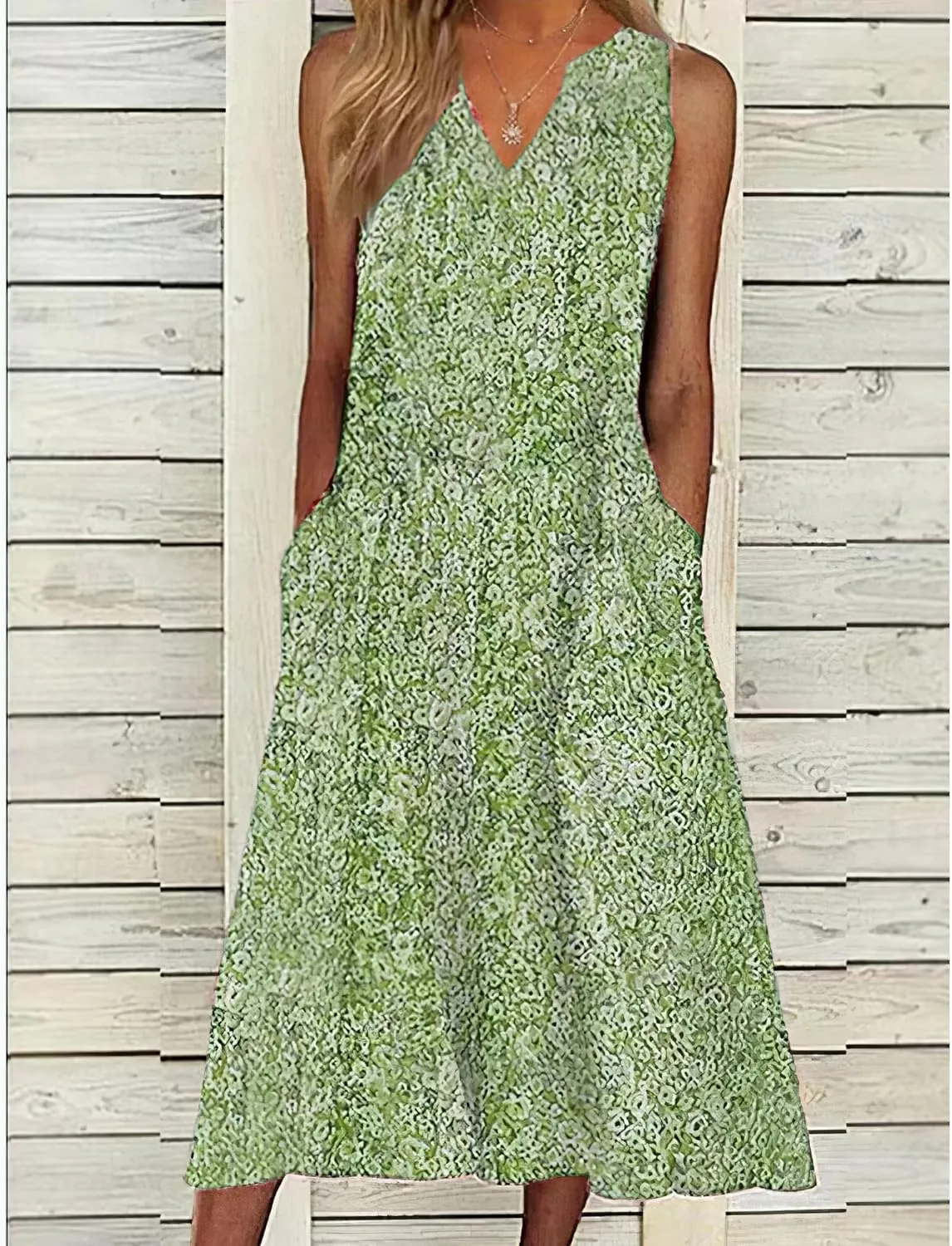 Womens Summer Sleeveless Boho Floral Printed Midi Tank Dresses V Neck Beach Tshirt Sundress with Pockets