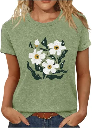 Womens Sunflowers Pattern T Shirts Boho Wildflower Graphic Short Sleeve Blouses Summer Casual Aesthetic Tunic Tee Tops