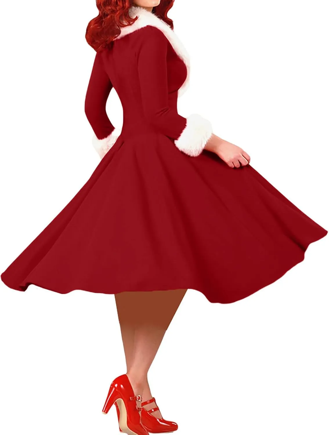 Women's Trendy Fur Collar Midi Dress 2025 Sexy V Neck Long Sleeve High Waist Dress Casual Comfy Elegant Ball Gown