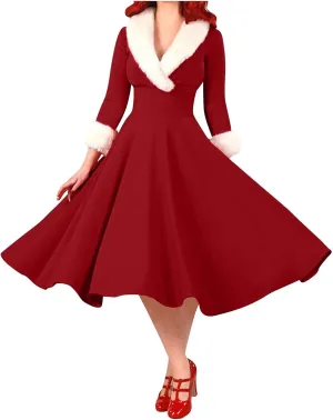Women's Trendy Fur Collar Midi Dress 2025 Sexy V Neck Long Sleeve High Waist Dress Casual Comfy Elegant Ball Gown