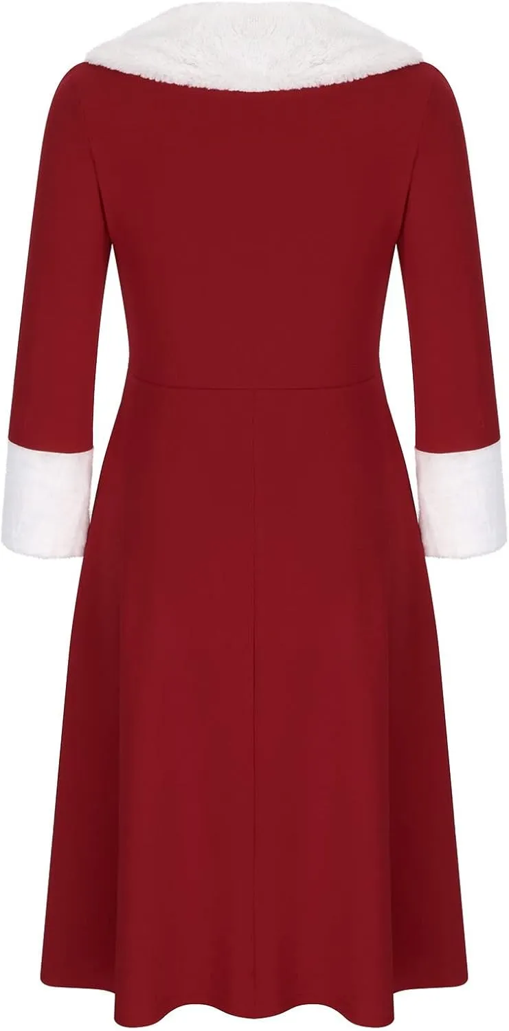 Women's Trendy Fur Collar Midi Dress 2025 Sexy V Neck Long Sleeve High Waist Dress Casual Comfy Elegant Ball Gown