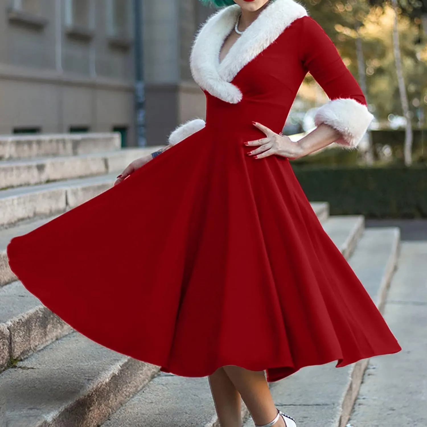 Women's Trendy Fur Collar Midi Dress 2025 Sexy V Neck Long Sleeve High Waist Dress Casual Comfy Elegant Ball Gown