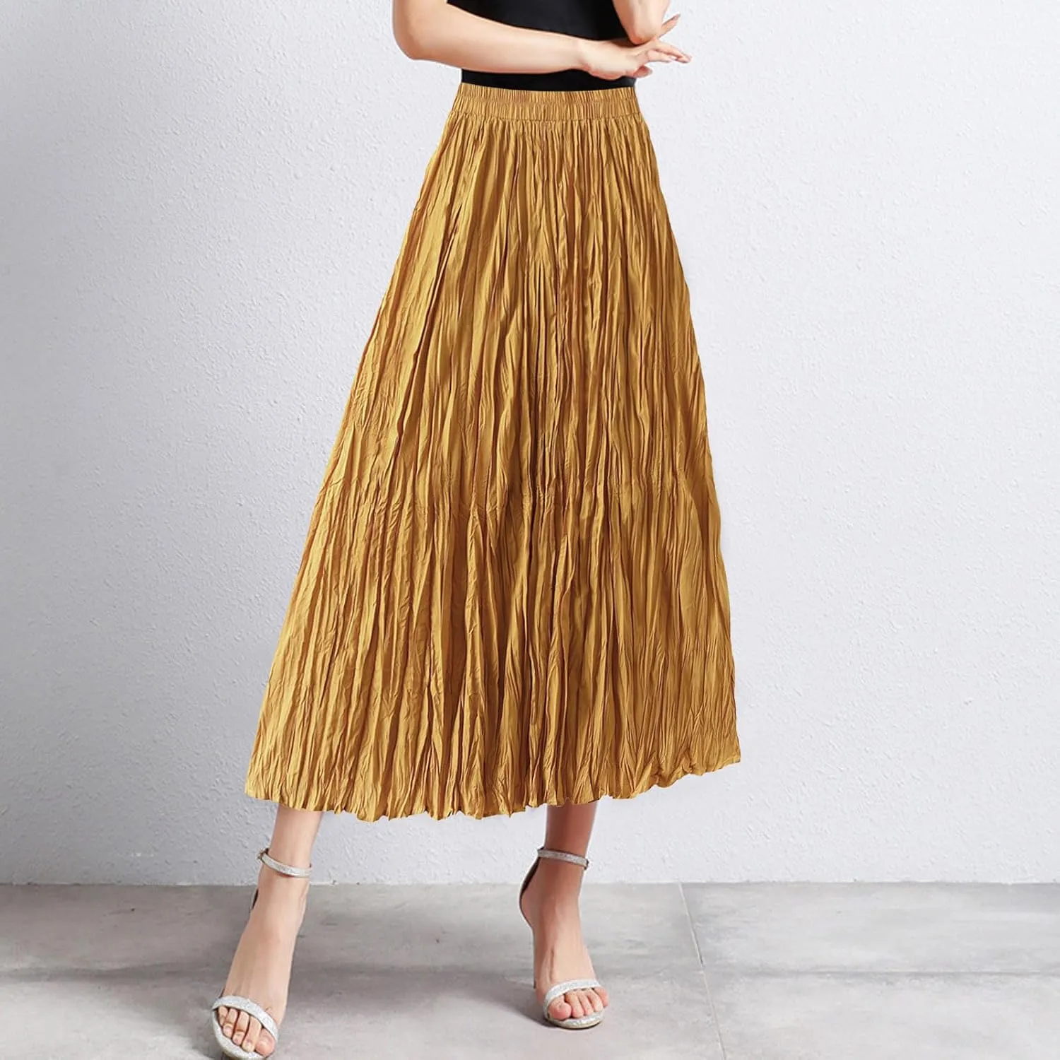 Womens Tulle Ruffle Pleated Skirts Fashion Solid Versatile A Line Maxi Skirt Holiday High Waisted Reversible Skirts