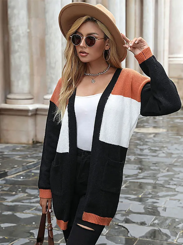 Women’s V Neck Long Sleeve Turbo Colorblocked Cardigan