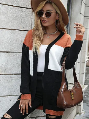 Women’s V Neck Long Sleeve Turbo Colorblocked Cardigan