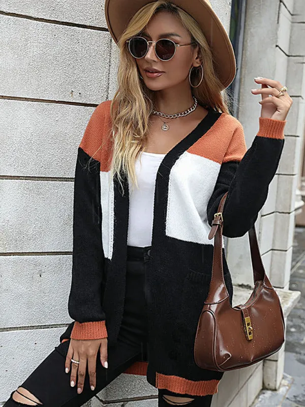 Women’s V Neck Long Sleeve Turbo Colorblocked Cardigan