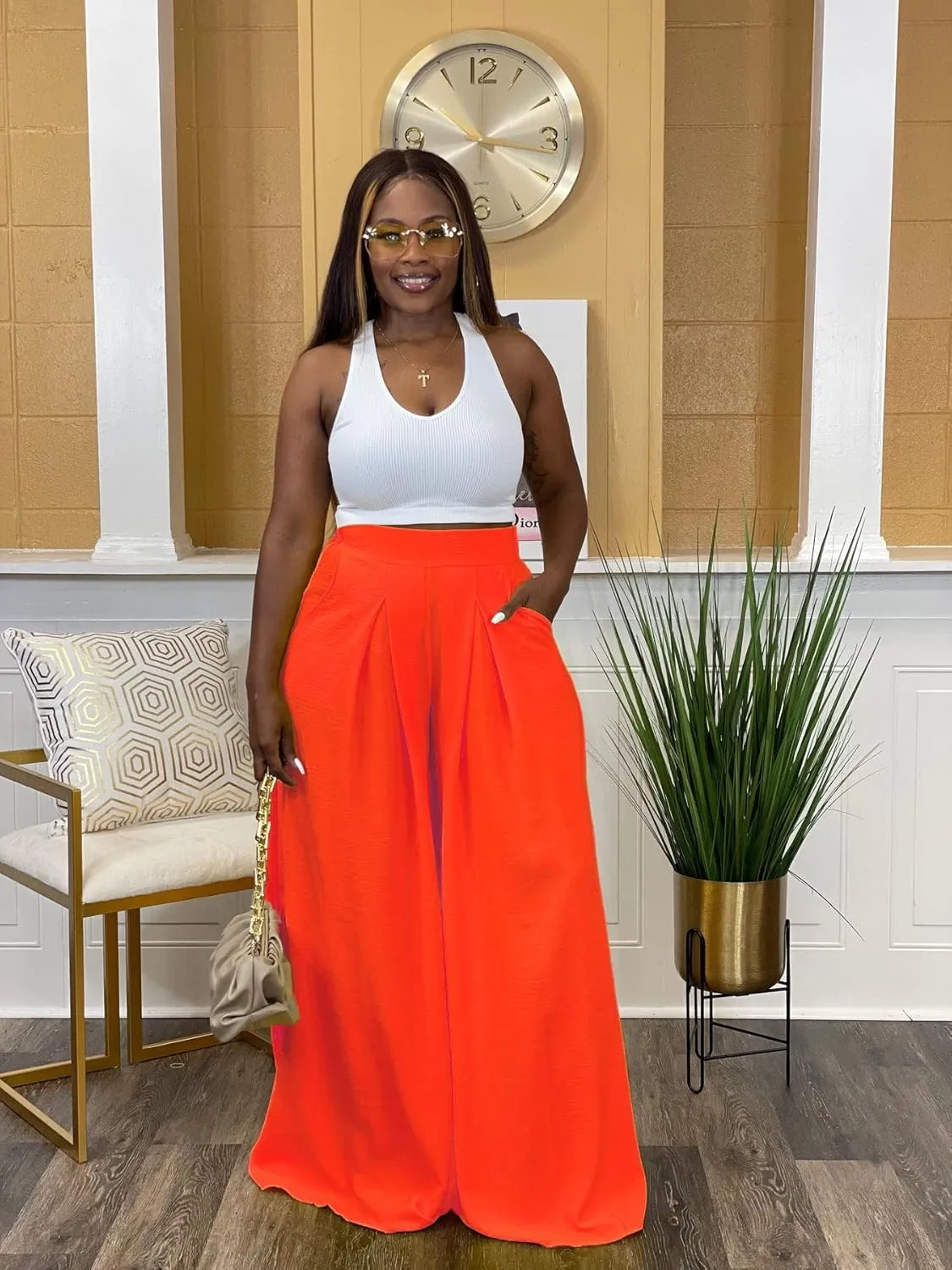 Women's Wide Leg Long Palazzo Pants High Waist Loose Fit Casual Flowy Pants Trousers with Pockets
