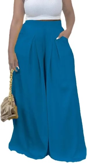 Women's Wide Leg Long Palazzo Pants High Waist Loose Fit Casual Flowy Pants Trousers with Pockets