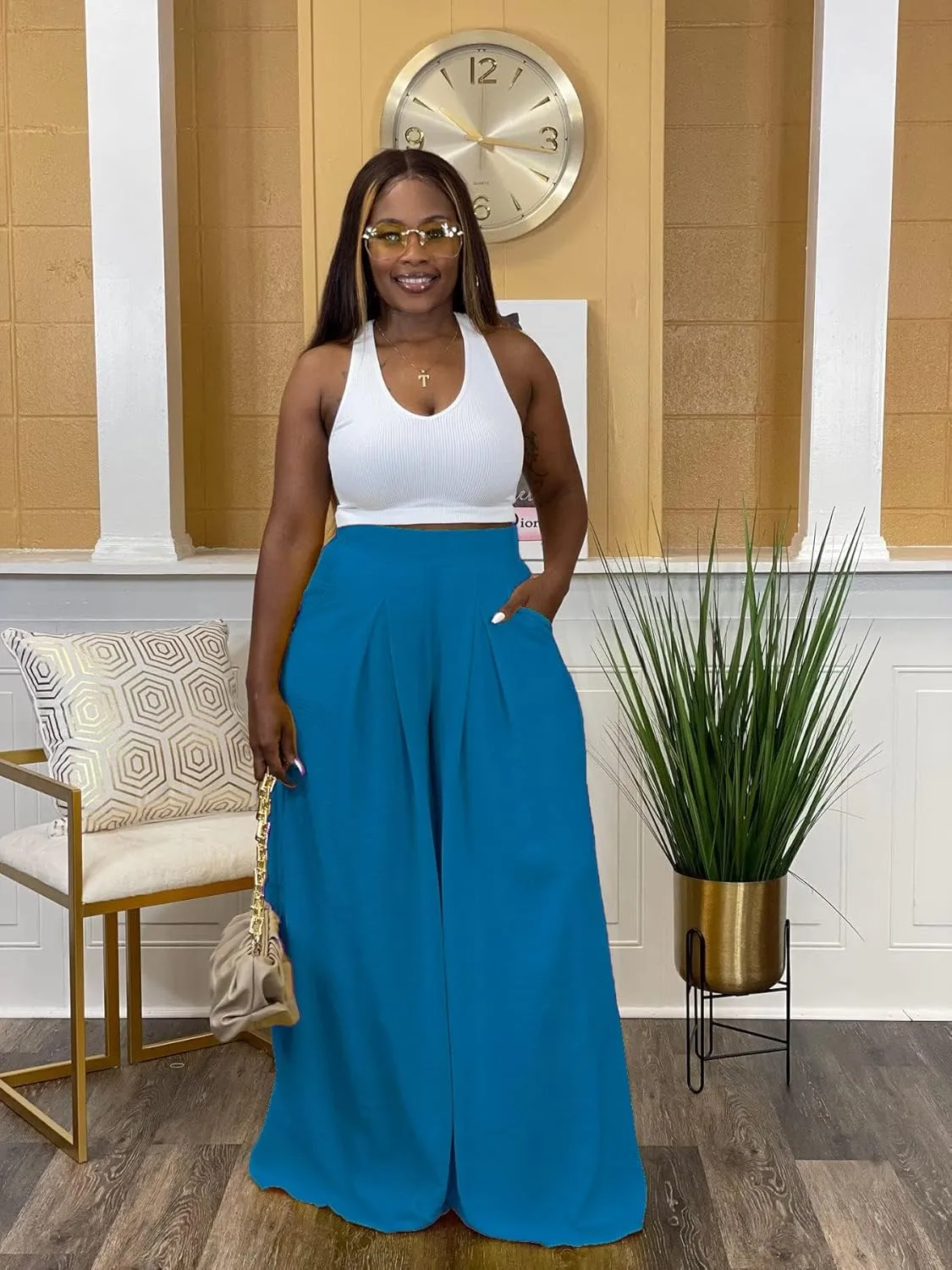 Women's Wide Leg Long Palazzo Pants High Waist Loose Fit Casual Flowy Pants Trousers with Pockets