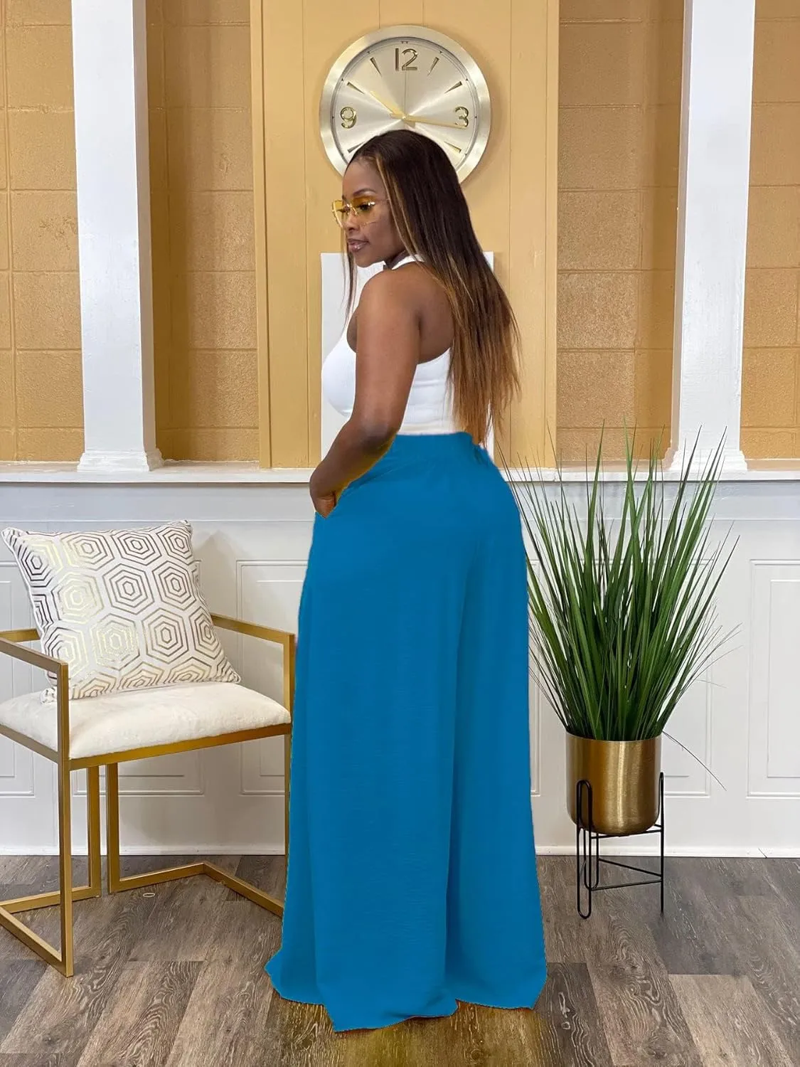 Women's Wide Leg Long Palazzo Pants High Waist Loose Fit Casual Flowy Pants Trousers with Pockets