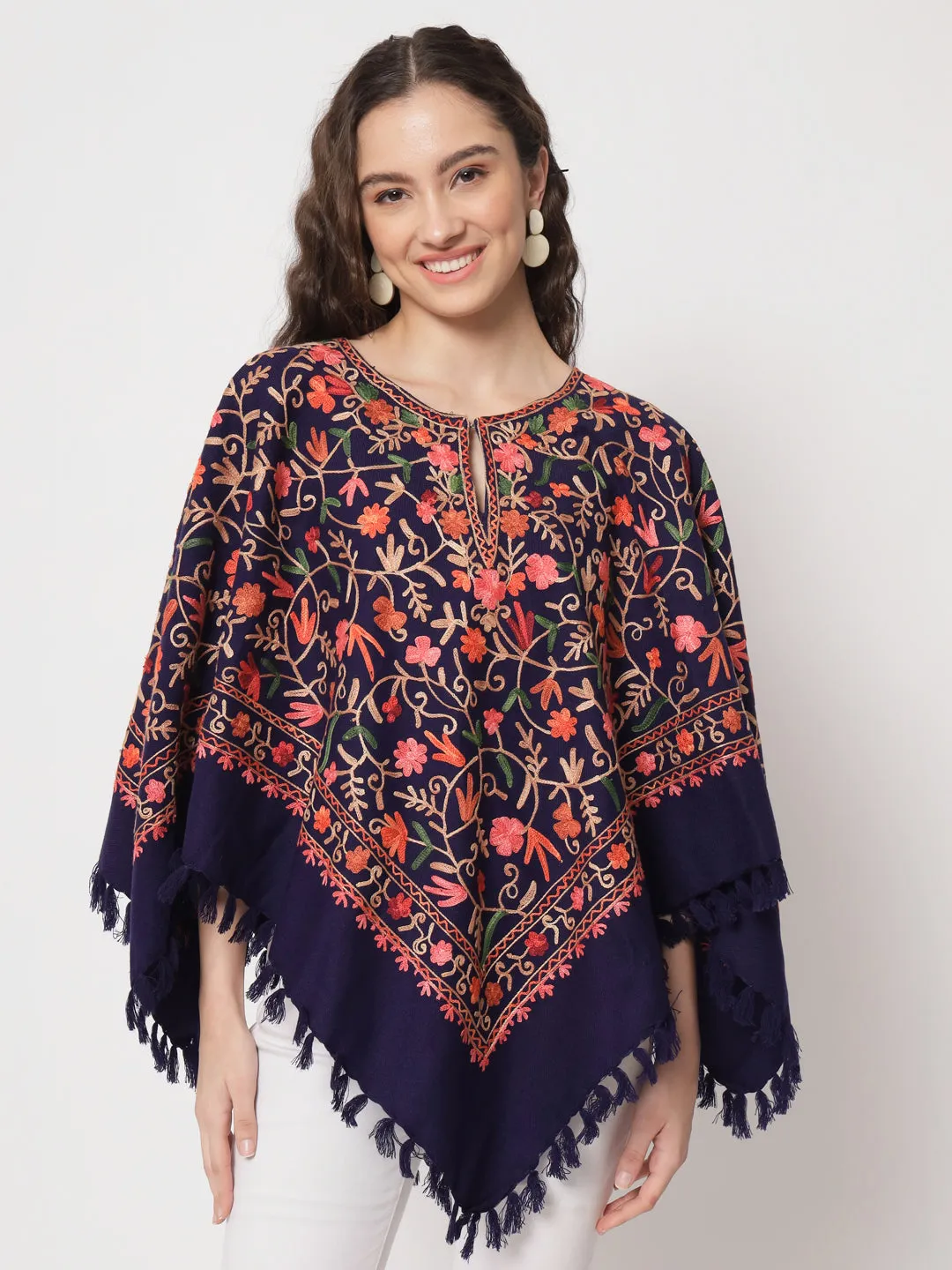 Woolen Kashmiri Poncho with Jaal Embroidery and Silk Lining | Blue