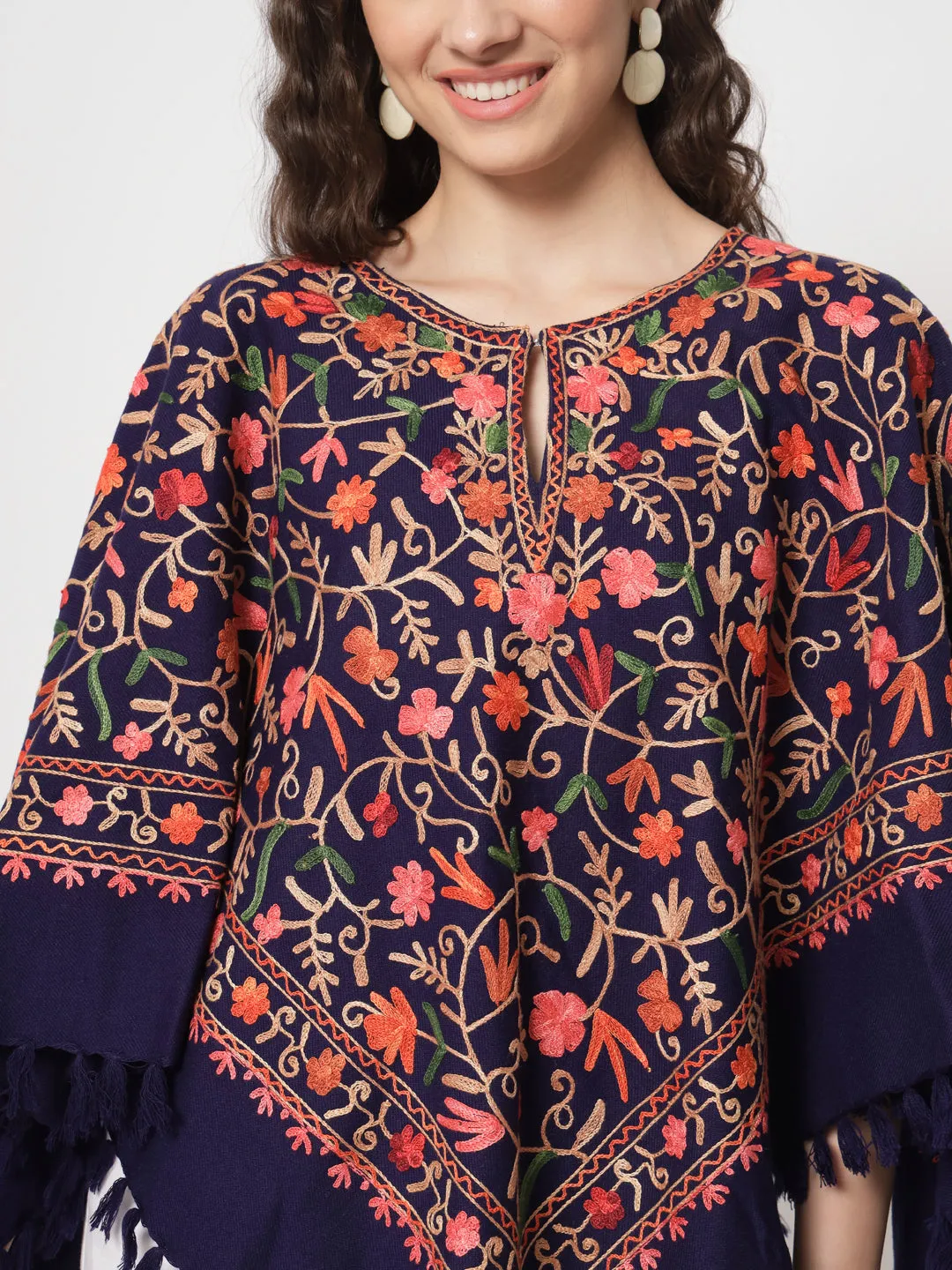 Woolen Kashmiri Poncho with Jaal Embroidery and Silk Lining | Blue