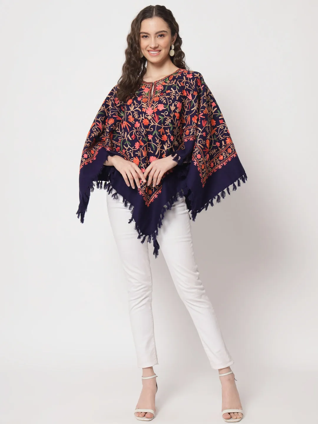 Woolen Kashmiri Poncho with Jaal Embroidery and Silk Lining | Blue