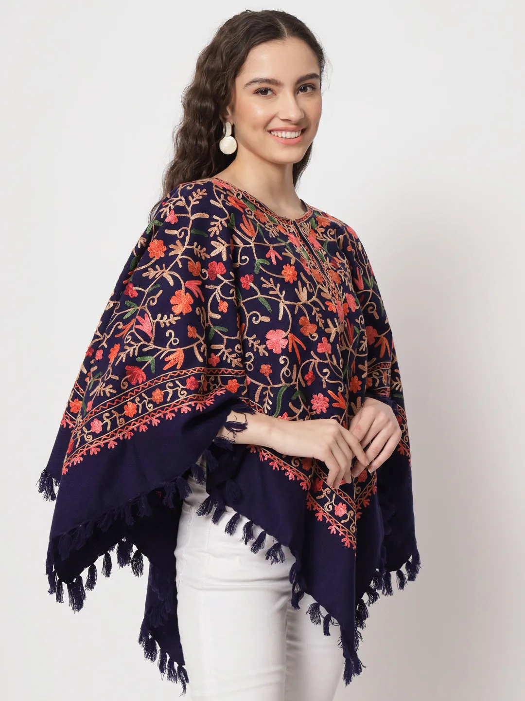 Woolen Kashmiri Poncho with Jaal Embroidery and Silk Lining | Blue