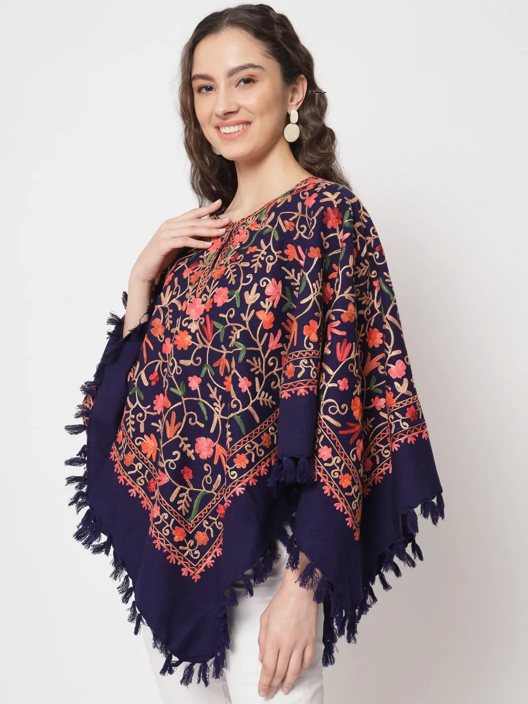 Woolen Kashmiri Poncho with Jaal Embroidery and Silk Lining | Blue